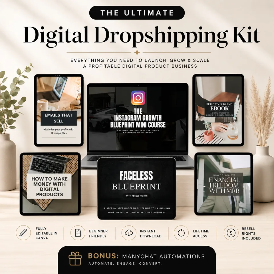 The Ultimate Digital Dropshipping Kit — six digital products on tablets and a laptop